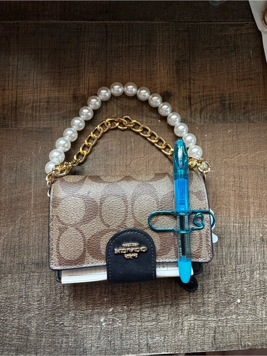 Coach Handbags - Coach Brown Signature Canvas Wristlet with Pearl & Gold Chain